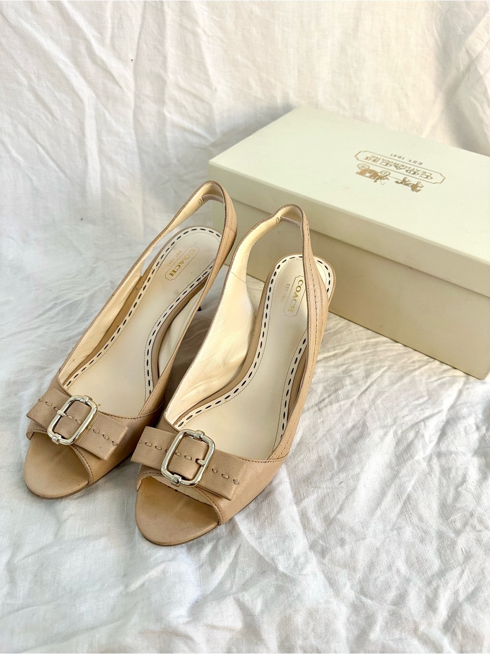 Coach Nude Leather Peep-Toe Slingback Heels with Buckle